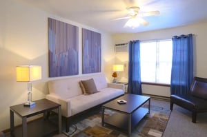Sofa coffee table art and lamp living room at Collegiate Communities in West Lafayette Student Accommodation