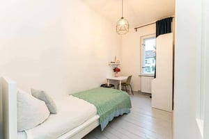 Bed desk chair window and shelf bedroom at Room in Lauterberger Str. 42, 12347 Berlin, Germany in Berlin Student Accommodation