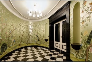 Chandelier doors checkerboard floor floral wallpaper foyer at Apartment in Elisabeth-Mara-Straße 11, 10117 Berlin, Germany in Berlin Student Accommodation