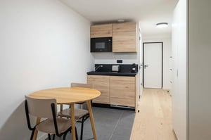 Wooden cabinets oven toaster sink kettle kitchen living room exterior at Room in 32 Rue Fernand Pelloutier, 75017 Paris, France in Paris Student Accommodation