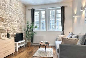 Stone wall sofa television and coffee table living room at Studio in 12 Rue du Perche, 75003 Paris, France in Paris Student Accommodation