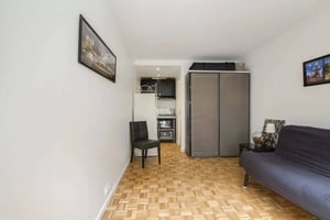 Sofa chair small kitchen wardrobe living room at Studio in 19 Rue de Dantzig, 75015 Paris, France in Paris Student Accommodation