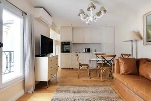 Sofa kitchen table chairs television living room at Apartment in 45 Rue de Lille, 75007 Paris, France in Paris Student Accommodation