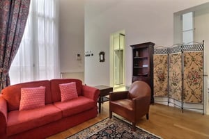 Red sofa patterned pillows leather armchair and bookshelf living room at Apartment in Rue Roquépine, 75008 Paris, France in Paris Student Accommodation