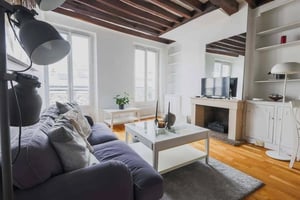 Sofa coffee table fireplace TV living room at Apartment in 80 Rue de Sèvres, 75007 Paris, France in Paris Student Accommodation