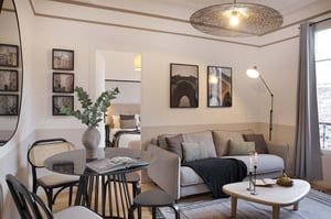 Sofa coffee table dining set and bedroom living room at Apartment in 9 Rue des Ternes, 75017 Paris, France in Paris Student Accommodation