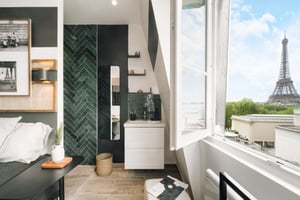 Bathroom with sink mirror and Eiffel Tower view at Apartment in 9 Av. du Président Wilson, 75116 Paris, France in Paris Student Accommodation