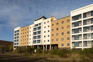 Modern student accommodation building with many windows exterior at Newport Student Village in Newport Student Accommodation