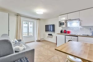 Gray sofa television kitchen with appliances living room at Studio in 9 Rue Notre Dame de Nazareth, 75003 Paris, France in Paris Student Accommodation