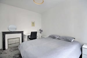 Bed desk fireplace mirror fan bedroom at Apartment in Rue Keller, 75011 Paris, France in Paris Student Accommodation