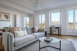 Grey couch, coffee table, desk, painting living room at Apartment in 29 Av. Georges Bernanos, 75005 Paris, France in Paris Student Accommodation