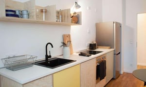 Sink toaster fridge on counter kitchen at Studio in Dirschauer Str., 10245 Berlin-Bezirk Friedrichshain-Kreuzberg, Germany in Berlin Student Accommodation