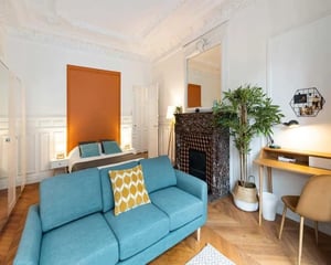 Blue sofa bed fireplace desk plant living room at Chambre dans le rue Léo Delibes in Paris Student Accommodation