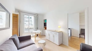 Grey sofa white table and cabinet living room at Apartment in Rue Merlin, Paris for 33 m² with 1 bedroom in Paris Student Accommodation