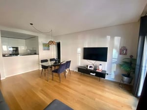 Dining table chairs television and plant living room at Spacious one-bedroom apartment in Alcantara in Lisbon Student Accommodation