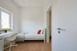 Bed desk chair with plant and door bedroom at Bedroom with private bathroom in a 7-Bedroom Apartment in Rua Actor António Silva, Lisbon - Room 1 in Lisbon Student Accommodation