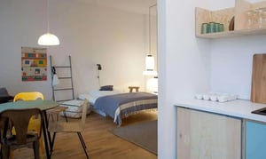 Bed dining area and kitchen area studio apartment at Studio for rent in Berlin, bills included in Berlin Student Accommodation