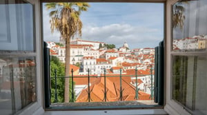 City view with palm tree through window view at 2BDR apartment right at the centre of historical Lisbon (Baixa 3.) in Lisbon Student Accommodation