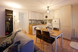 Sofa dining table washing machine kitchen living room at Apartment in Rue Boutarel, Paris for 48 m² with 2 bedrooms in Paris Student Accommodation