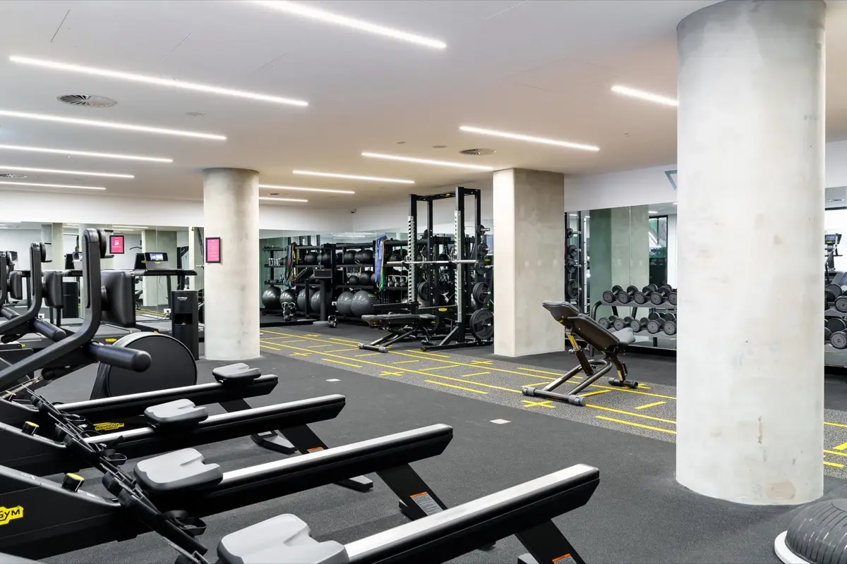 Rowing machines weights rack exercise machines Gym at The Switch Melbourne Victoria Market in Melbourne Student Accommodation
