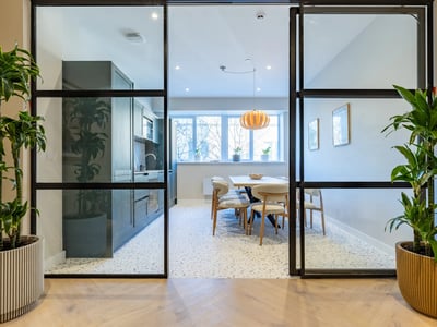 Kitchen and dining area with pendant light at Fitz and Knox in Cardiff Student Accommodation