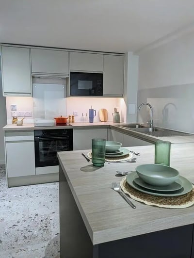 Modern kitchen with island and appliances kitchen at Parklands in Dundee Student Accommodation