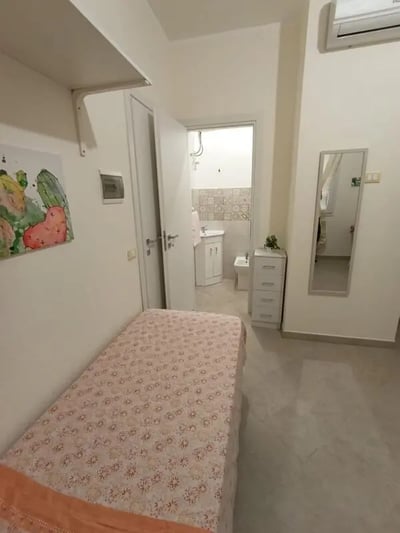 Bed canvas painting mirrored cabinet bathroom bedroom at Cozy studio very close to Università degli Studi di Palermo in Palermo Student Accommodation
