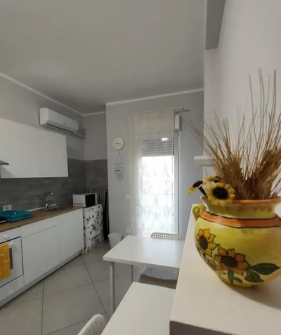 Kitchen counter microwave and dining table kitchen at Comfortable and bright Studio next to Stazione Centrale di Palermo in Palermo Student Accommodation