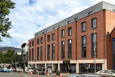 Bradbury Place building brick exterior with windows exterior at Bradbury Place in Belfast Student Accommodation