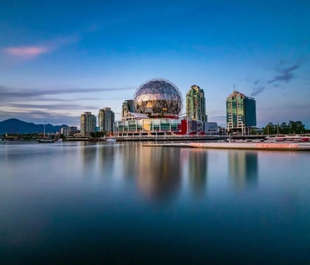 Science World building reflected in calm water exterior at Vancouver Student Accommodation