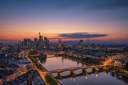 Cityscape with river bridges and buildings exterior at Frankfurt Student Accommodation
