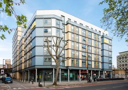 Modern student accommodation building with street view exterior at Blithehale Court in London Student Accommodation