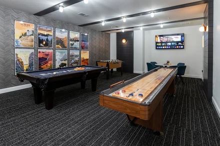 Pool table foosball shuffleboard recreation room at The Collective at Columbia in Columbia Student Accommodation