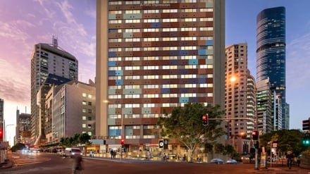 Colorful facade building city street exterior at UniLodge Brisbane City in Brisbane Student Accommodation