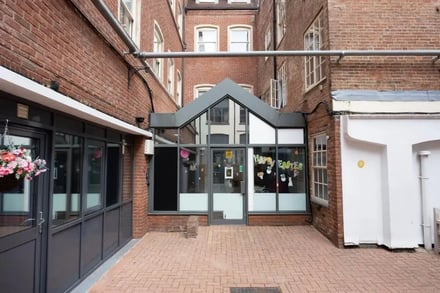 Brick courtyard entrance with Easter decorations exterior at dwell Castle Gate Haus in Nottingham Student Accommodation