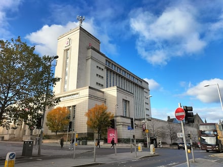 Modern building with antennas blue sky exterior at Nottingham Trent University Accommodation