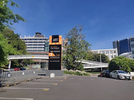AUT City Campus sign main entrance and walkway exterior at Auckland University Of Technology Accommodation