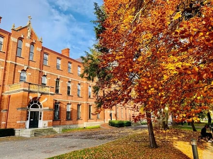 Brick building with autumnal trees exterior at UCD Michael Smurfit Graduate Business School Accommodation
