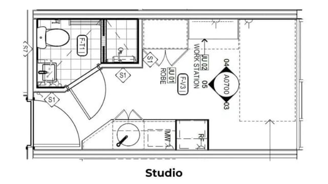 Toilet sink robe workstation kitchenette floor plan studio at UniLodge Toowong in Brisbane Student Accommodation