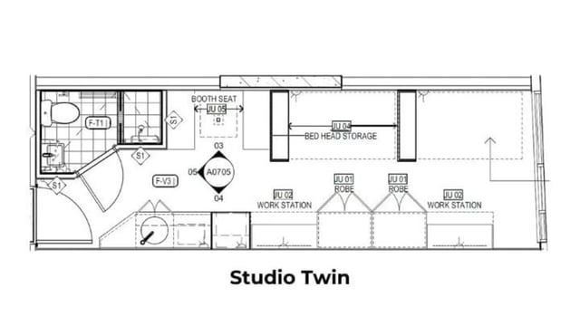 Floor plan showing bathroom two beds two desks and robes floor plan at UniLodge Toowong in Brisbane Student Accommodation
