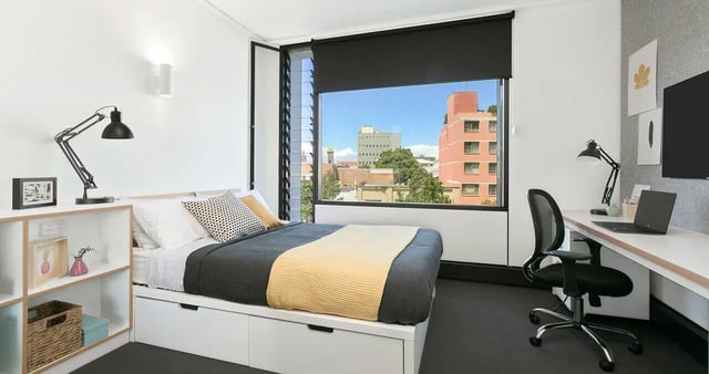 Bed desk lamp laptop and chair bedroom at Iglu Redfern in Sydney Student Accommodation