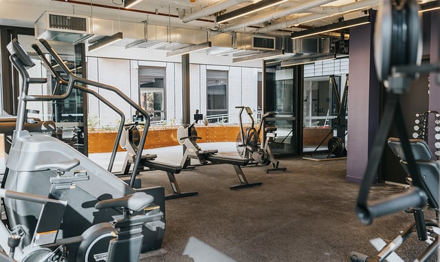 Gym equipment rowers and stair climber playing area at The Switch Kensington in Sydney Student Accommodation