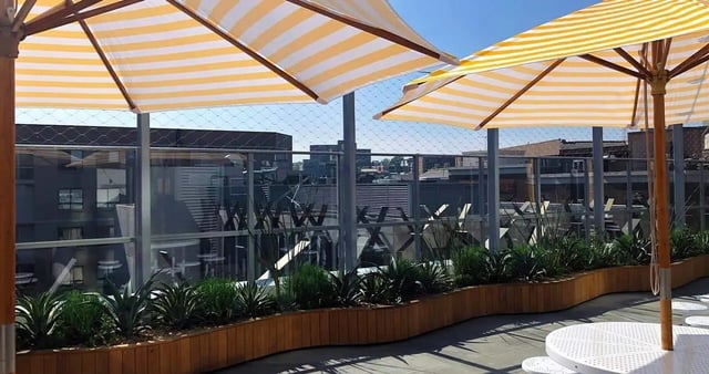 Striped umbrellas plant beds tables exterior at Iglu Broadway in Sydney Student Accommodation