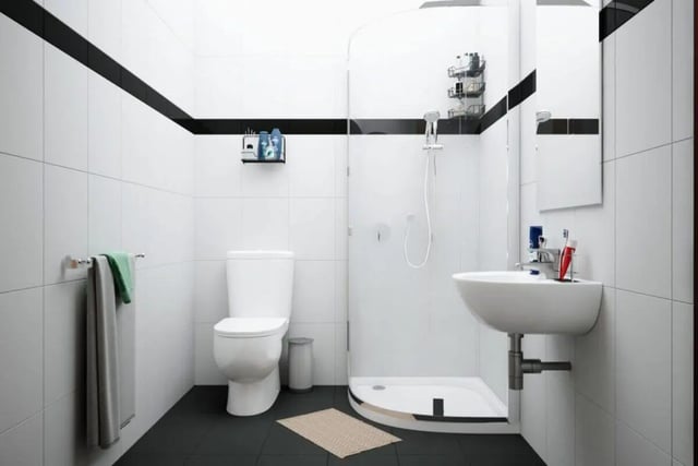 Toilet sink shower with towels and toiletries bathroom at City Edge - Manchester in Manchester Student Accommodation