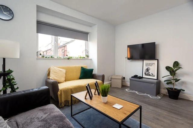 Sofa coffee table television and plant living room at Thornville Court Leeds in Leeds Student Accommodation