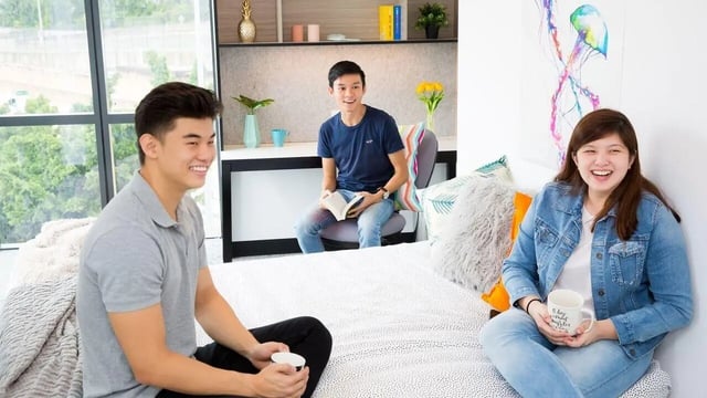 Students in a dorm room with book and mugs at UniLodge Park Central in Brisbane Student Accommodation