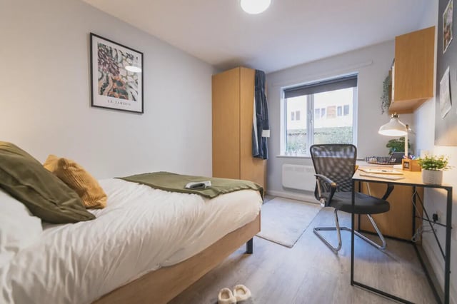 Bed desk closet and window bedroom at Madison Gardens in Nottingham Student Accommodation