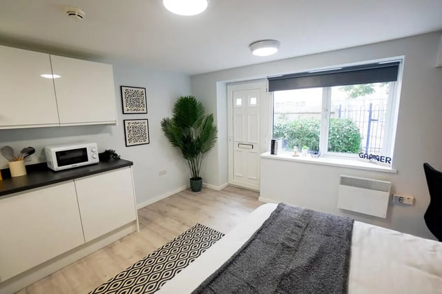 Kitchen microwave plant door window bed living area at Madison Gardens in Nottingham Student Accommodation