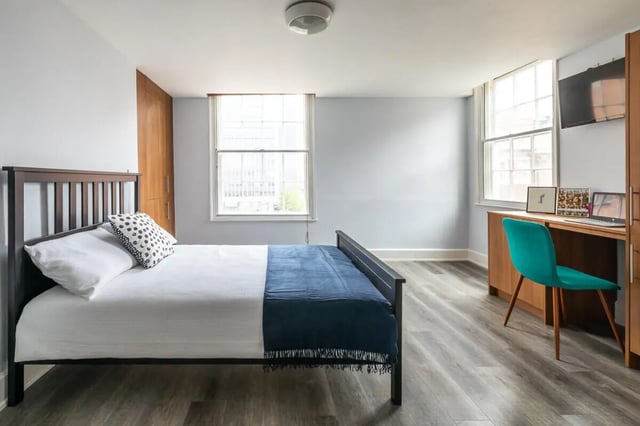 Bed desk chair window wall laptop framed art bedroom at Standard Hill in Nottingham Student Accommodation