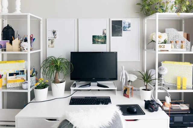 Desk with plants computer and camera study area at Standard Hill in Nottingham Student Accommodation